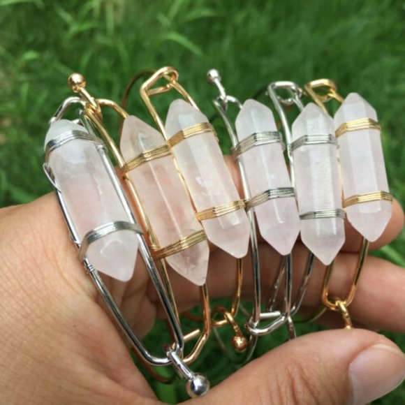 Double Terminated Rose Quartz Crystal Gold Bangle Bracelet - Picture 4 of 7